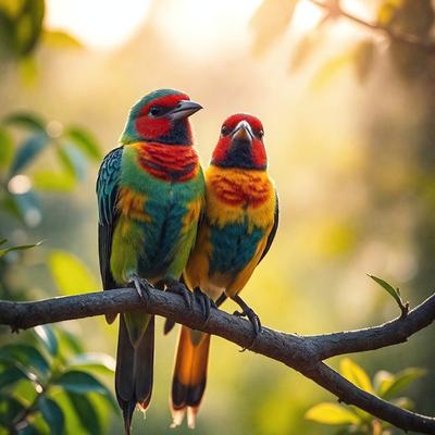 The primary subject of the image is a pair of colorful birds perched on a tree branch. The birds are positioned close to each other, creating a sense of companionship. The setting is a natural environment, with the birds sitting on a tree branch surrounded by leaves. The visual style of the image is a photo, capturing the vibrant colors and details of the birds and their surroundings. The colors and mood of the image are lively and cheerful, with the bright colors of the birds and the greenery of the tree creating a sense of warmth and vitality.